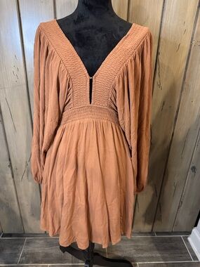 Wishlist Rust V-Neck Long Sleeve Smocked Waist Dress